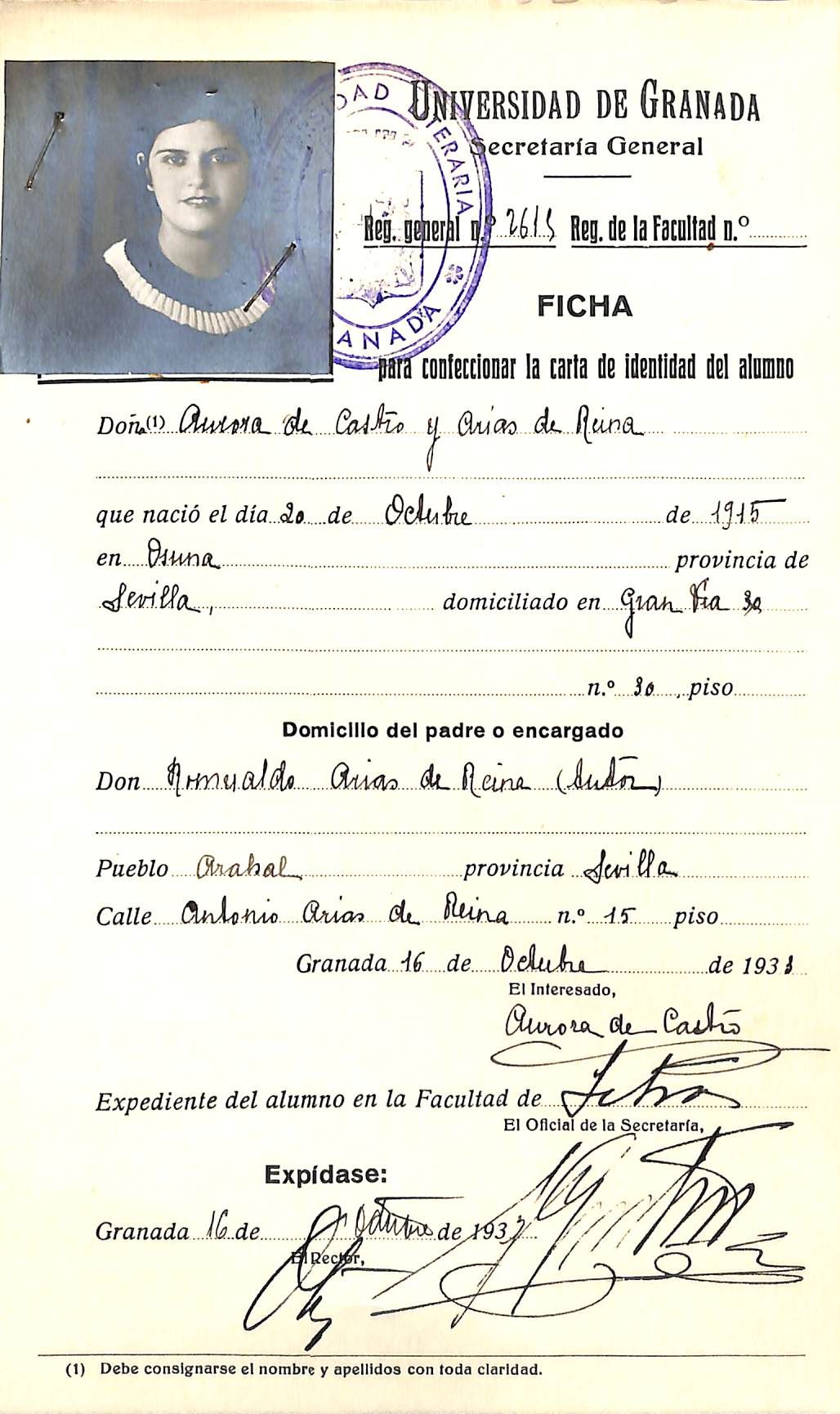 Ficha para confeccionar la carta de identidad del alumno