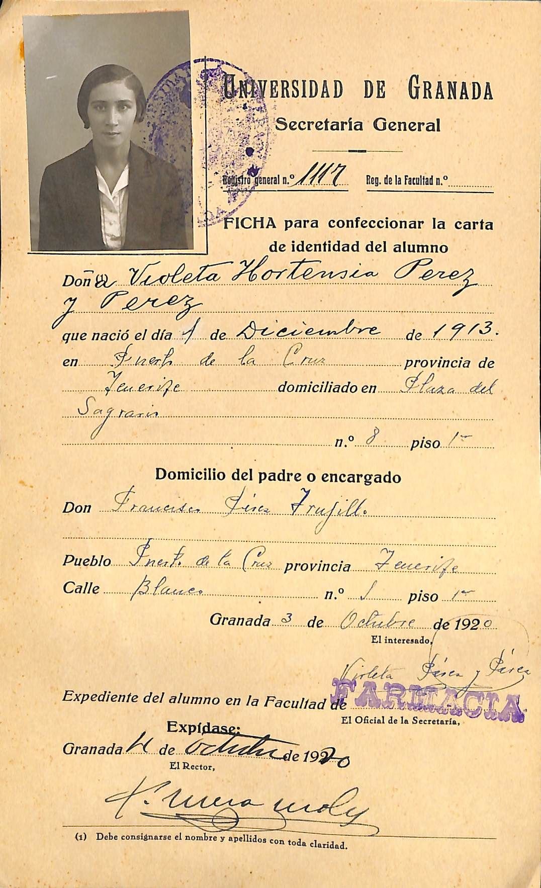 Ficha para confeccionar la carta de identidad del alumno